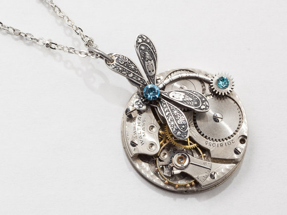 Steampunk Necklace Vintage Waltham pocket watch movement gears aquamarine blue crystal & silver dragonfly pendant necklace Statement Gift by steampunknation steampunk buy now online