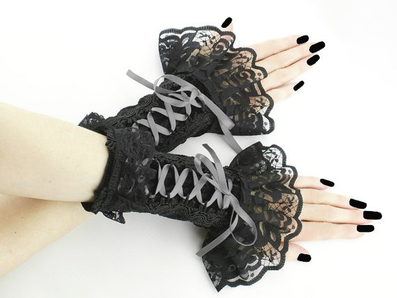 gray fingerless gloves wrist warmers gothic burlesque vintage bohemian style, womens evening gloves, dancing glove, goth steampunk 0300K by FashionForWomen steampunk buy now online