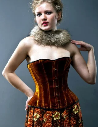 Velvet halfbust steel-boned authentic heavy corset, different colors. Dark gold (rust) color and classic Victorian design for steampunk by Corsettery steampunk buy now online