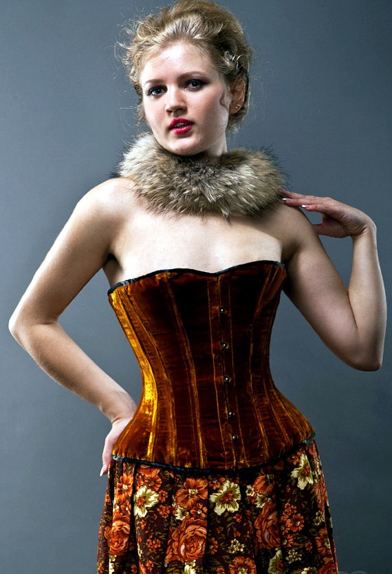 Velvet halfbust steel-boned authentic heavy corset, different colors. Dark gold (rust) color and classic Victorian design for steampunk by Corsettery steampunk buy now online