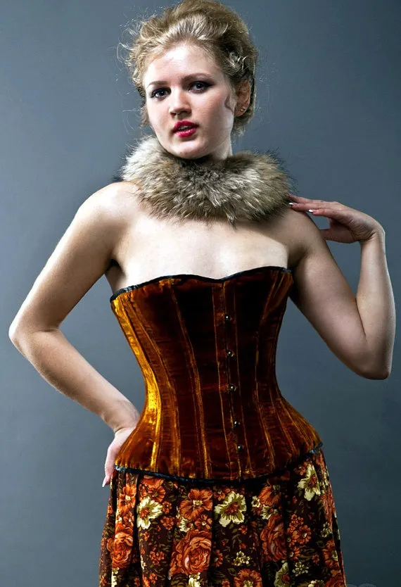 Velvet halfbust steel-boned authentic heavy corset, different colors. Dark gold (rust) color and classic Victorian design for steampunk by Corsettery steampunk buy now online