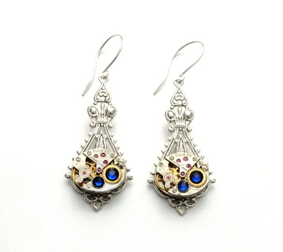SEPTEMBER Steampunk Earrings, SAPPHIRE BLUE Steampunk Earrings, Vintage Watch Earrings, Steampunk Wedding Jewelry by Victorian Curiosities by VictorianCuriosities steampunk buy now online