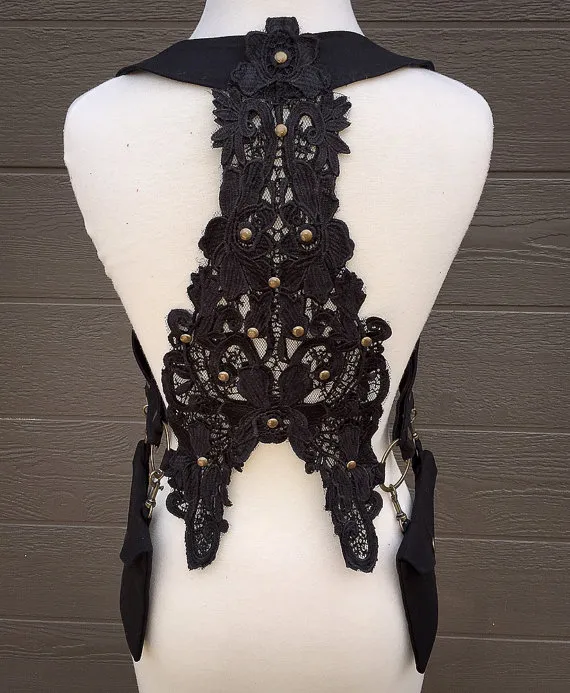 Women's Black Lace & Denim Utility Shoulder Holster w/ Detachable Pouches, Adjustable sz. Custom Made to Order by TreadleWorksDesigns steampunk buy now online