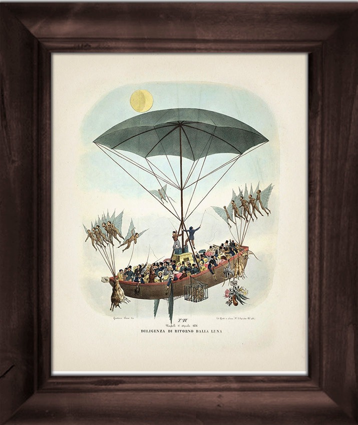 Victorian Airship 2, Dirigible - The Great Moon Hoax of 1835 - OE-06 Fine art print of a vintage Victorian innovation antique illustration steampunk buy now online