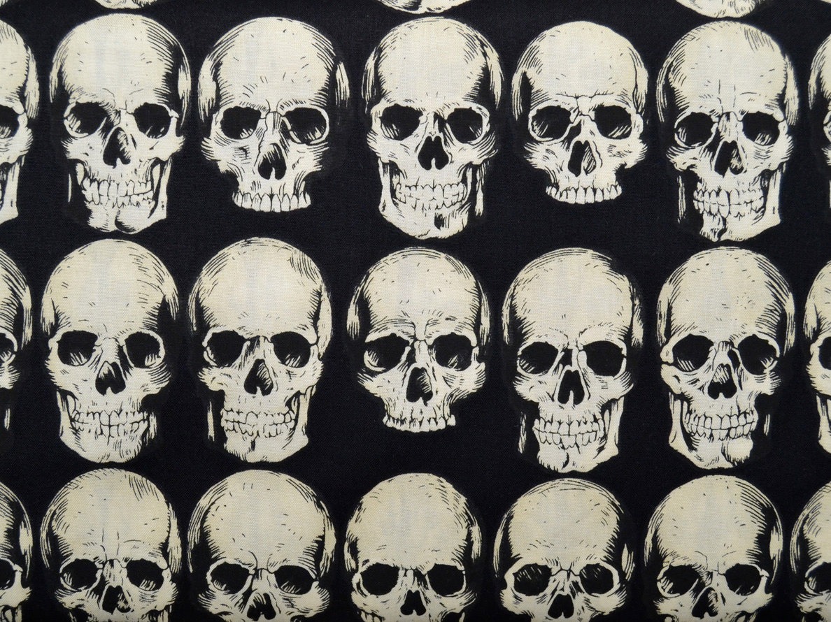 Realistic Anatomical Skulls Light Cream on Black, Halloween Fabric, Rad Skulls Black by Alexander Henry Fabric steampunk buy now online