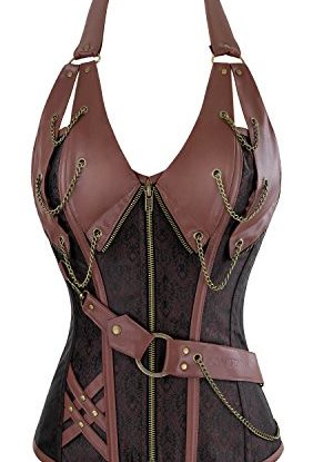 Charmian Women's 14 Spiral Steel Boned Steampunk Retro Halter Leather Bustier Corset Plus Size Heavy-Strong-Steel-Halter-Brown XXX-Large steampunk buy now online