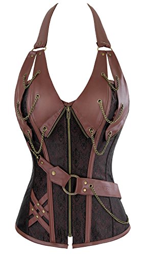 Charmian Women's 14 Spiral Steel Boned Steampunk Retro Halter Leather Bustier Corset Plus Size Heavy-Strong-Steel-Halter-Brown XXX-Large steampunk buy now online