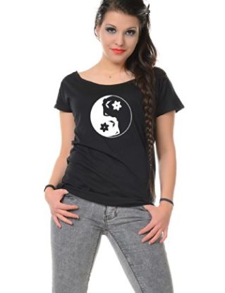 Off the Shoulder T-Shirt Woman black / loose fitted Girls Top printed YinYang Fairy designed by 3Elfen, Steampunk Clothing / XXL steampunk buy now online