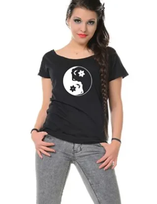 Off the Shoulder T-Shirt Woman black / loose fitted Girls Top printed YinYang Fairy designed by 3Elfen, Steampunk Clothing / XXL steampunk buy now online