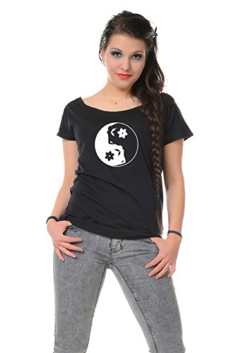 Off the Shoulder T-Shirt Woman black / loose fitted Girls Top printed YinYang Fairy designed by 3Elfen, Steampunk Clothing / XXL steampunk buy now online