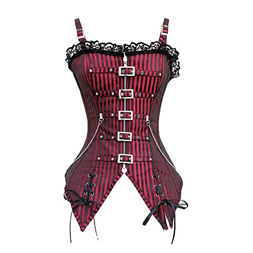 Beauty-You Women's Striped Gothic Punk Vintage Boned Corset Dark Red UK Size 8-10 M steampunk buy now online
