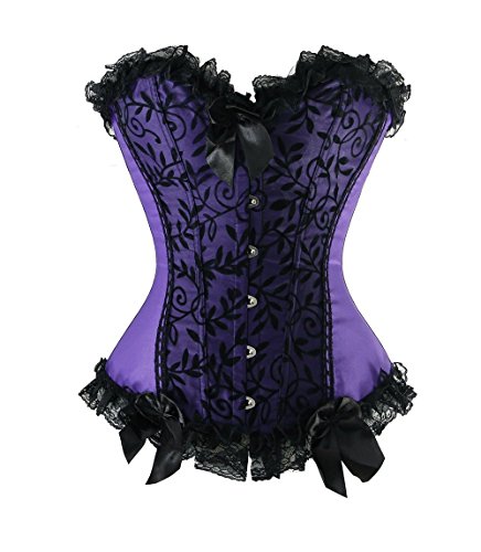 Kiwi-Rata Women's Brocade Satin Gothic boned Lace up Corset G-string Purple,L steampunk buy now online