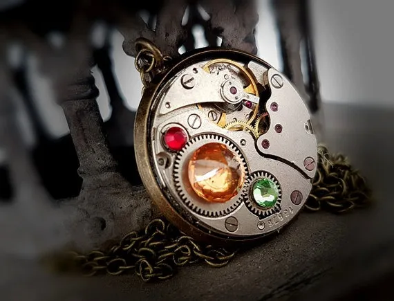Steampunk Pendant, Rainbow - Vintage Watch Movement with Swarovski Crystals by FunkyGlam steampunk buy now online
