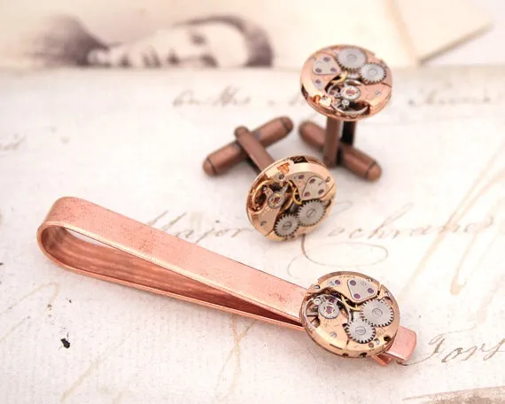 Copper Cufflinks and Tie Bar Set Copper Anniversary Gift Idea for Hubby Steampunk Cuff Links And Tie Pin Industrial Watch Movement cufflinks by KfiatekGiftedHands steampunk buy now online