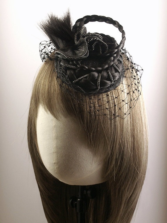 Victorian Mourning Style Fascinator with Hair Braids & Chains by KatherinaAndreeva steampunk buy now online