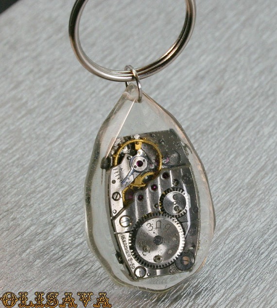 Faceted Steampunk Resin Keyring, Resin Keychain , Watch Movement Steampunk Resin Keychain , Clockwork Keychain by Olisava steampunk buy now online