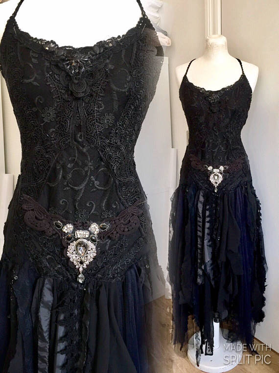 Halloween dress spectcular,Goth wedding dress, black wedding dress , Black goth dress,Witches dress,Trashed black dress , ragged black dres by RAWRAGSbyPK steampunk buy now online