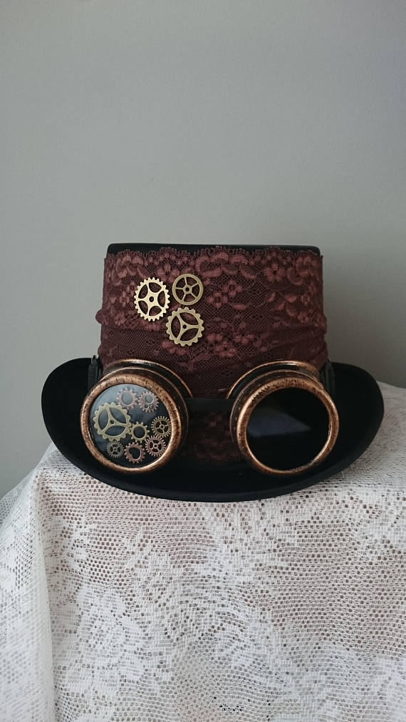 Steampunk Hat Lace Decoration Top Hat - lace bronze Brown lace hat tophat black lace steampunk - WITH or WITHOUT GOGGLE by Poppenkraal steampunk buy now online