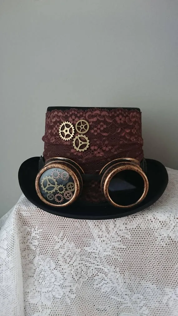 Steampunk Hat Lace Decoration Top Hat - lace bronze Brown lace hat tophat black lace steampunk - WITH or WITHOUT GOGGLE by Poppenkraal steampunk buy now online