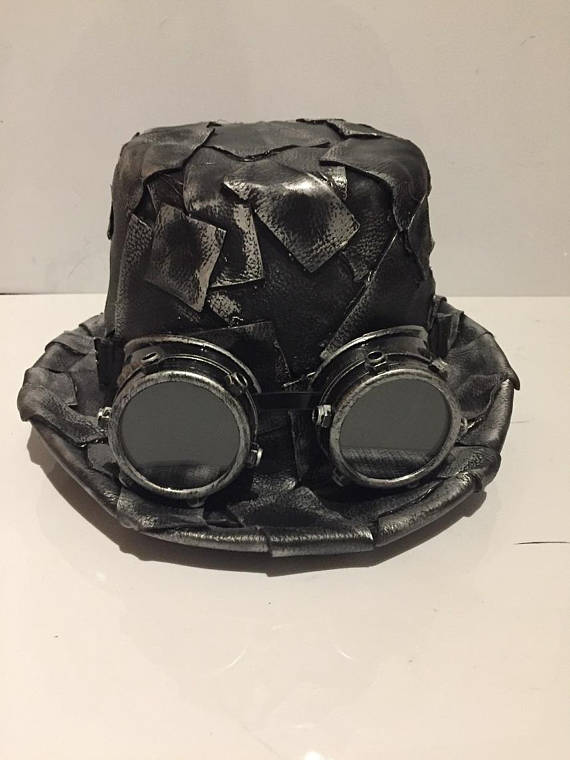 Silver Steampunk Top Hat, OOAK Handmade With Leather Patches Painted Rustic Metallic Silver With Or Without Silver Effect Riveted Goggles by Steampunkbyben steampunk buy now online