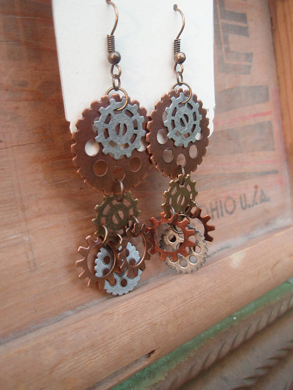 Long Layered Gear Earrings by OurPeanutGallery steampunk buy now online
