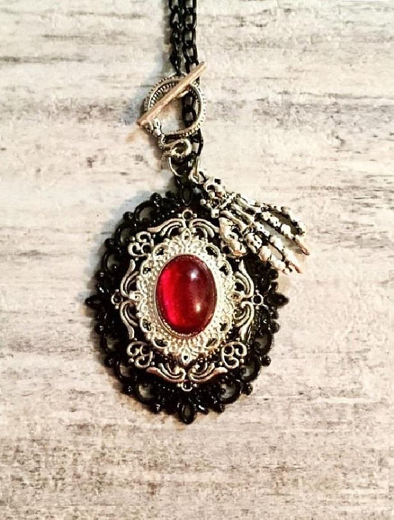 Victorian Gothic Steampunk Pendant, Black Silver and Red Necklace, Skeleton Hand, Ruby Red Cabochon, Layered Metal Pendant, Toggle Clasp by OneStopSteamShoppe steampunk buy now online