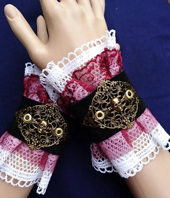 cuffs, Bracelets, Fabric, Steampunk, Victorian, Costume, Embroidered, skull, wedding, rivet, unikat, nugoth, lace, leather, tulle, larp, wgt by Lieblingshexe steampunk buy now online