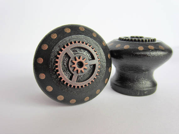 Cabinet Knobs, Drawer pulls, black knobs, black home decor, gear decor, steampunk decor, hand painted drawer pulls, painted home decor by KanderaStudio steampunk buy now online