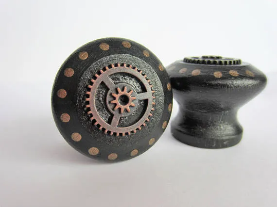 Cabinet Knobs, Drawer pulls, black knobs, black home decor, gear decor, steampunk decor, hand painted drawer pulls, painted home decor by KanderaStudio steampunk buy now online