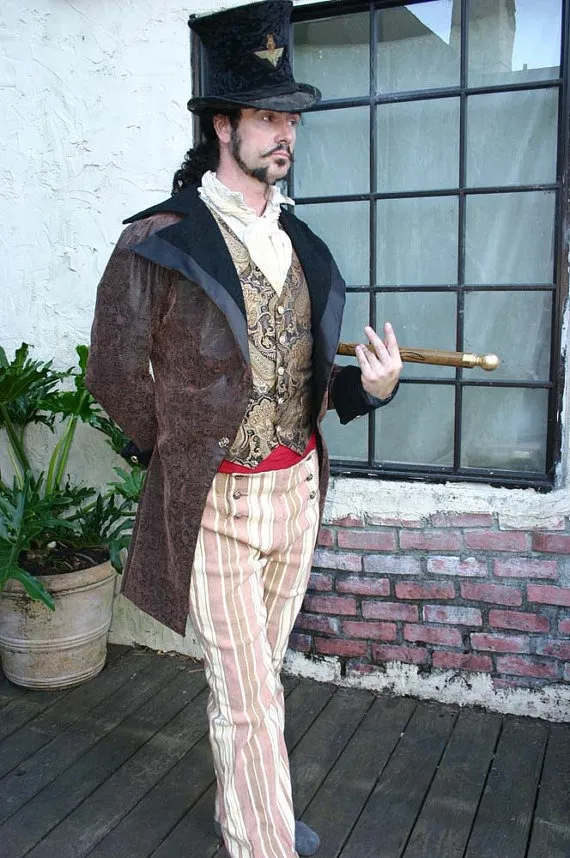 Brown and Black Tooled Faux Leather Swallowtail Steampunk Wedding Jacket by dashandbag steampunk buy now online