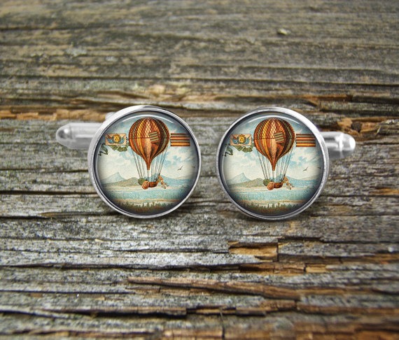 Hot Air Balloon Vintage Over Mountains Silver or Gold-Cufflinks-Wedding- Jewelry Box-Keepsake-Gift-Man-Men-USA-Aviation-Science-Steampunk by CynthiaCoolBeans steampunk buy now online