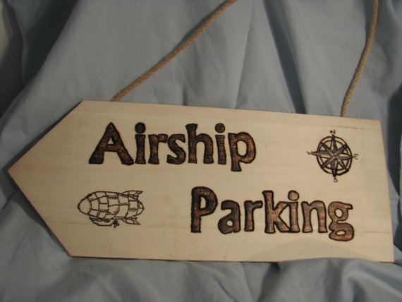 Airship Parking Sign Wood Burning by LittleBittDesigns steampunk buy now online