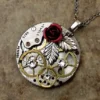 Red Rose Steampunk Necklace, Victorian, Round Watch Base, Brass Gears, Silver Leaf by CrofootDesigns steampunk buy now online