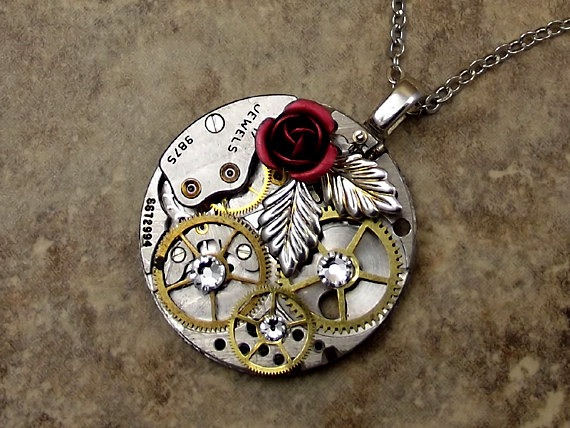Red Rose Steampunk Necklace, Victorian, Round Watch Base, Brass Gears, Silver Leaf by CrofootDesigns steampunk buy now online