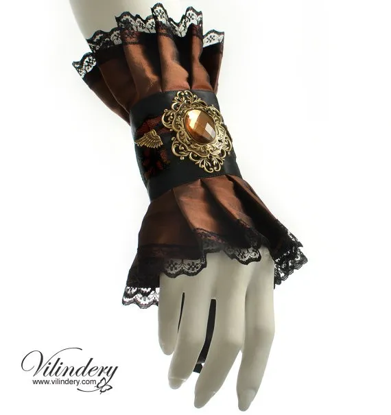 Brown cuff with a large antiqued filigree and wings - Steampunk fantasy bracelet, Victorian jewelry, Fabric wrist decor, Victorian wedding by Vilindery steampunk buy now online
