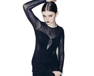 Devil Fashion Gothic Steampunk Women's Round Neck Slim Fit Sexy Spider Webs Lace Blouse Top T-shirt Black Long Sleeves Perspective T-shirt,2XL steampunk buy now online