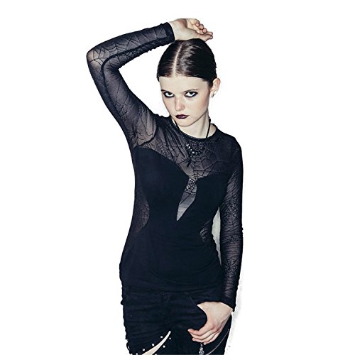 Devil Fashion Gothic Steampunk Women's Round Neck Slim Fit Sexy Spider Webs Lace Blouse Top T-shirt Black Long Sleeves Perspective T-shirt,2XL steampunk buy now online