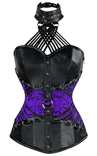 Charmian Women's Steampunk Goth Halter Faux Leather Steel Boned Bustier Corset Black/Purple X-Large steampunk buy now online