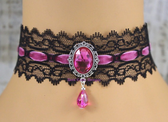 Classic Black Lace Velvet Choker/ Necklace Hot Pink Acrylic Jewel Beaded Pendant Gothic Victorian Steampunk Party by darkcastledesigns steampunk buy now online