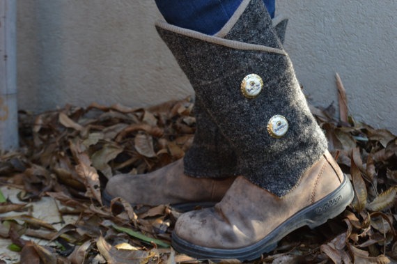 Brown English Tweed, felted wool leg warmers, boot cuffs, recycled wool, repurposed tweed jacket, sustainable fashion, beer cap buttons by WhenITMakesYouHappy steampunk buy now online