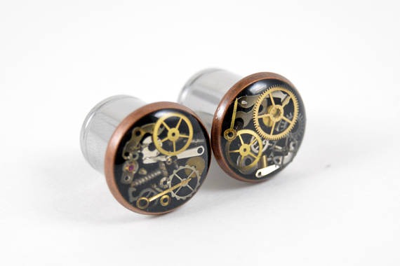 9/16 1/2 7/16 00g 0g 2g 4g 6g 8g 10g 12g Steampunk Tunnels Gauges Plugs filled with watch parts LIMITED EDITION by JewelryFX steampunk buy now online