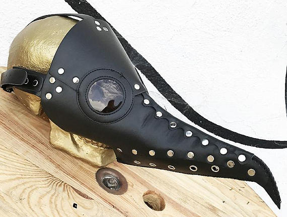 Long Black Faux Leather Riveted 'PLAGUE DOCTOR' Mask Steampunk Festival Masquerade Burning Man Mask with Buckle Straps - Burning Man by jadedminx steampunk buy now online