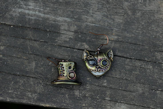 Earrings "Cat and Hat". by BiooArtStudio steampunk buy now online