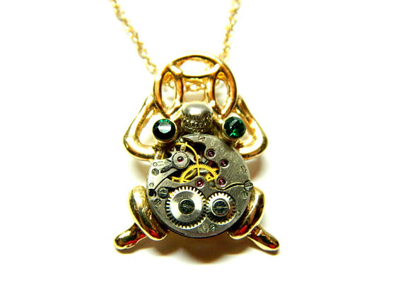 Steampunk jewelry gold colored green eyed frog "At the edge of the time", old clockwork, unique steam punk birthday gift, Christmas New Year by EmilySteampunk steampunk buy now online