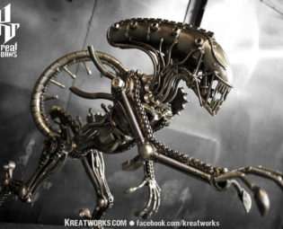 Metal Sculpture - Recycled Metal Standing Monster : Tail up (Medium item) by Kreatworks steampunk buy now online