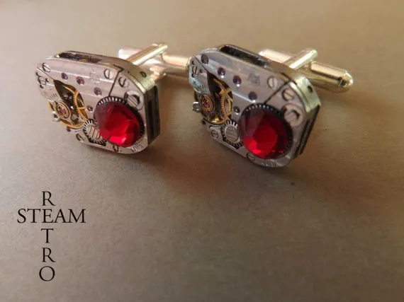 10% off sale17 Steampunk Swarovski Red Cufflinks Vintage watch movement wedding cufflinks Vintage upcycled mens Cuff Links by SteamRetro steampunk buy now online