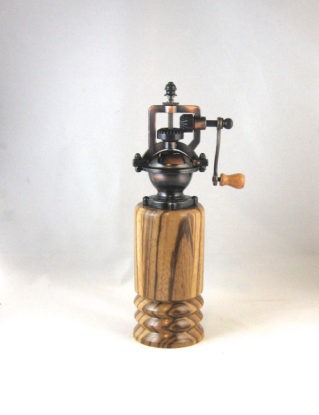 Pepper Grinder - Antique Style, Crank Handle, hand turned from zebrawood, great housewarming or 5th anniversary gift, handmade in Canada by RosewellWoodworking steampunk buy now online