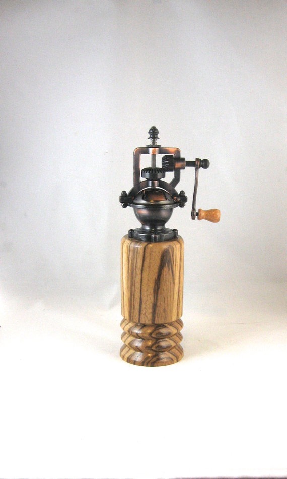 Pepper Grinder - Antique Style, Crank Handle, hand turned from zebrawood, great housewarming or 5th anniversary gift, handmade in Canada by RosewellWoodworking steampunk buy now online