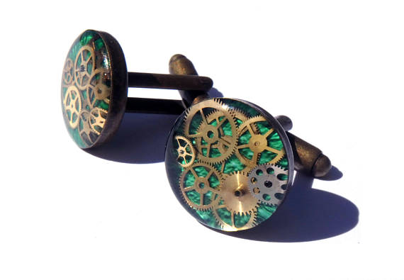 Mechanical Engineer 16mm Bronze Round Cufflinks handmade with Recycled Cogs and Gears in Green by ELSYMALONE steampunk buy now online