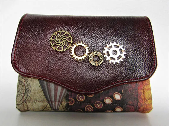 Steampunk Wallet with Leather, Cogs, Custom Fabric Mini NCW Necessary Clutch Wallet- Handcrafted purse/wallet, exclusive fabric design by ThreadyMercury steampunk buy now online